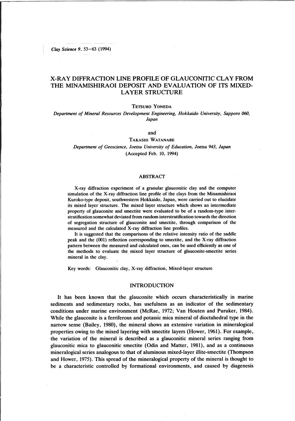 X-Ray Diffraction Line Profile of Glauconitic Clay from the Minamishiraoi Deposit and Evaluation of Its Mixedlayer Structure