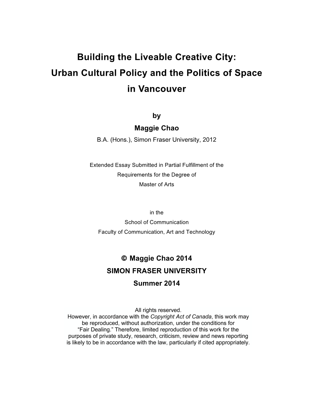 Urban Cultural Policy and the Politics of Space in Vancouver