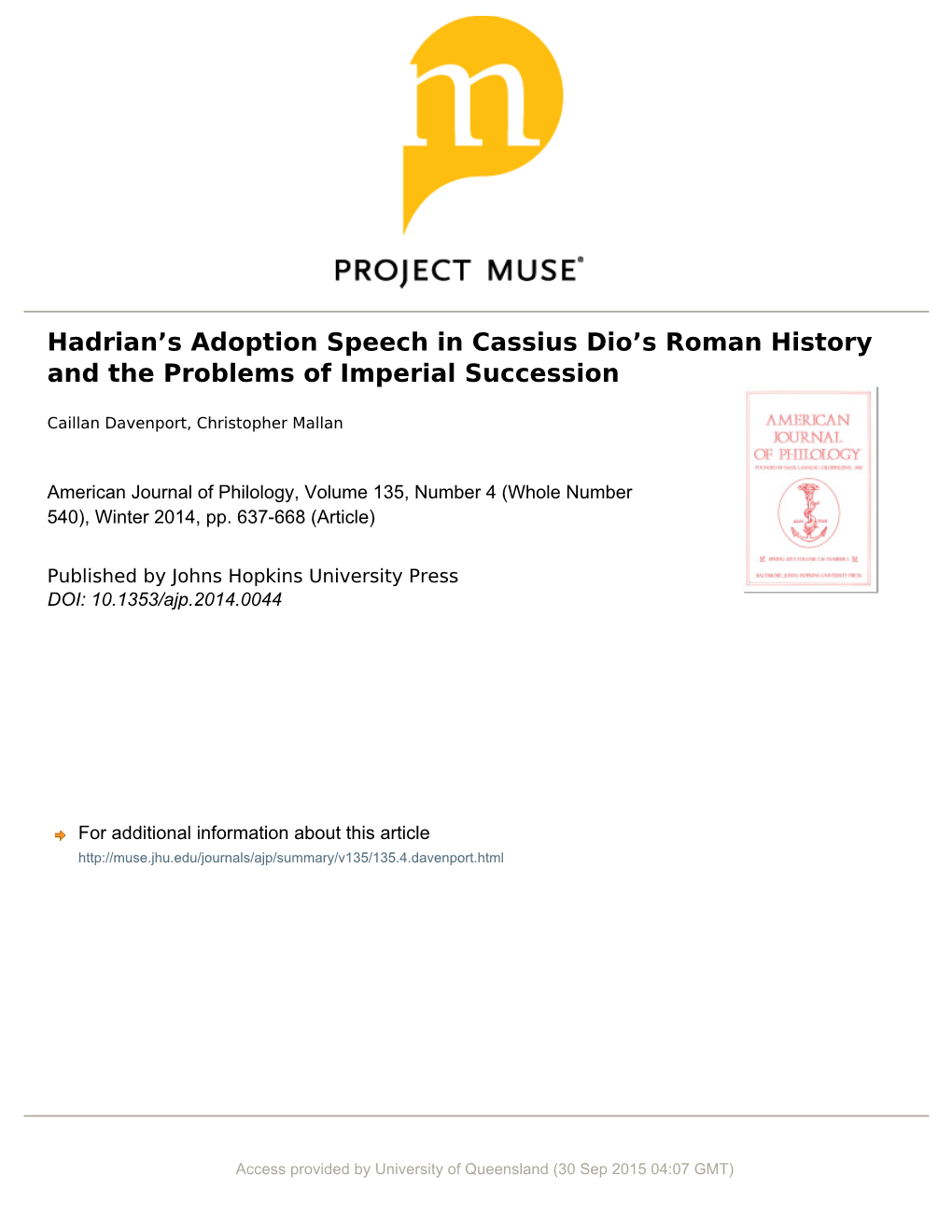 Hadrianʼs Adoption Speech in Cassius Dioʼs Roman History And