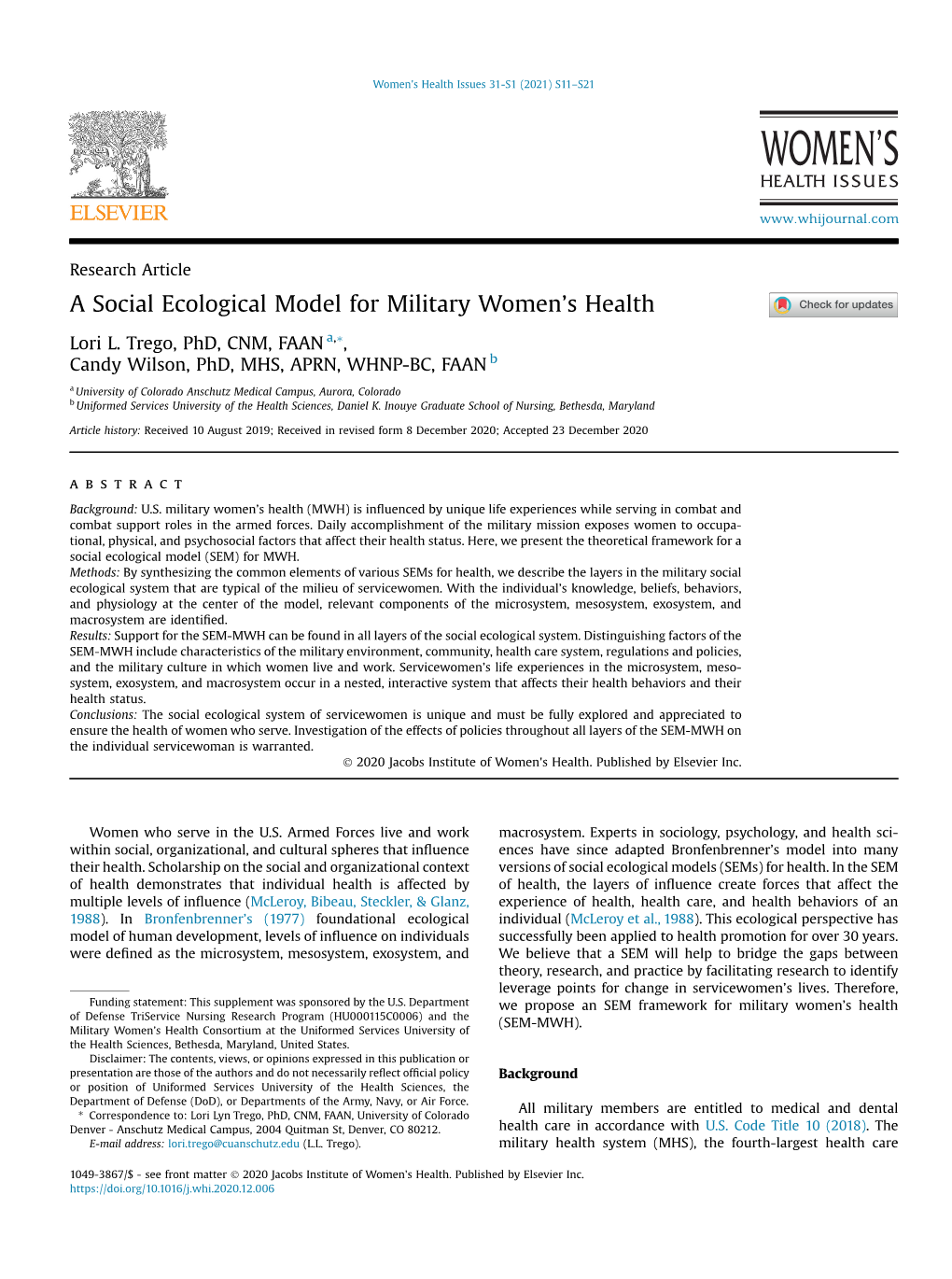 A Social Ecological Model for Military Women's Health (Usuhs.Edu)