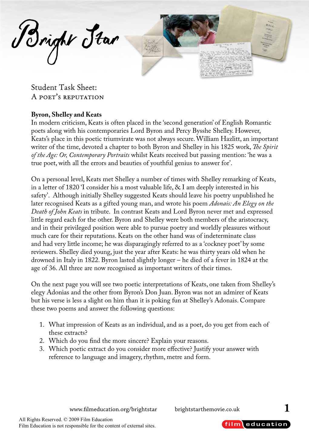 Student Task Sheet: a Poet's Reputation