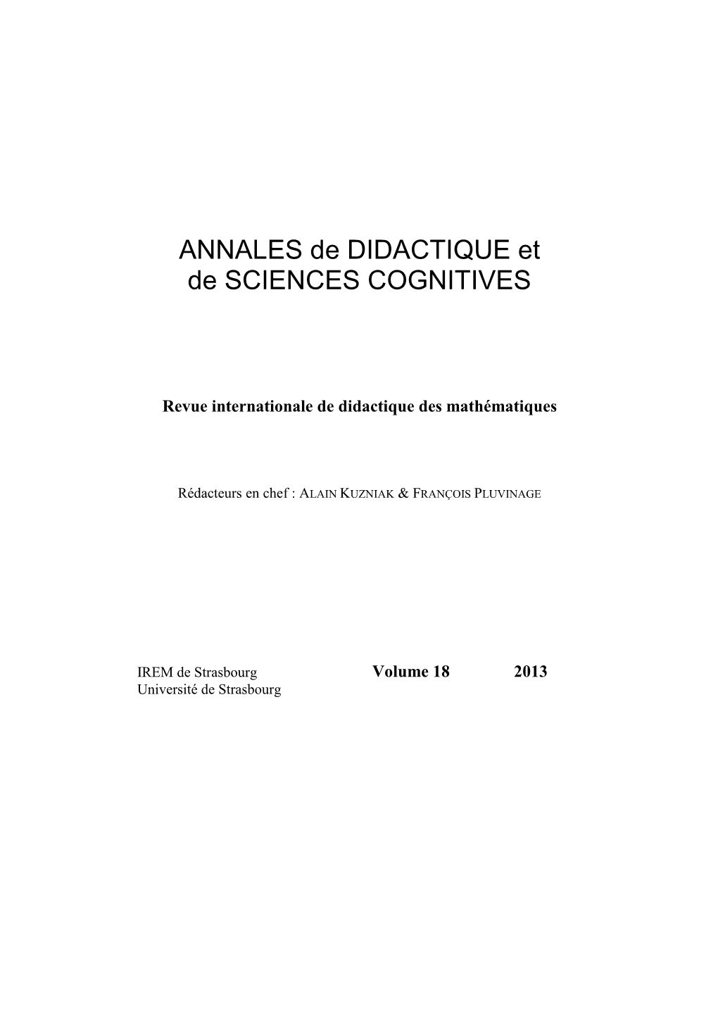 ANNALES De DIDACTIQUE Et De SCIENCES COGNITIVES