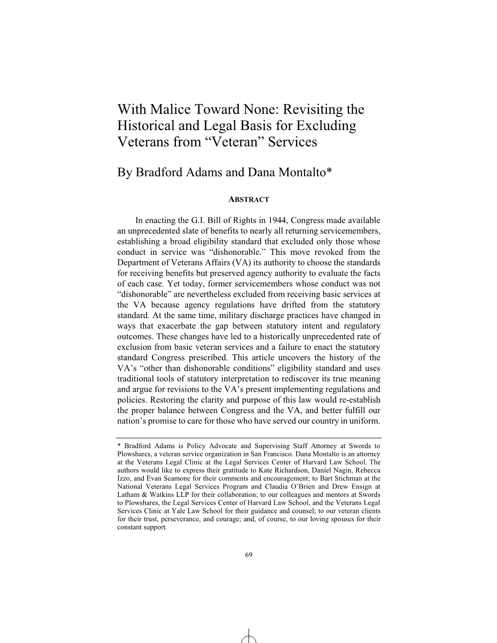 With Malice Toward None: Revisiting the Historical and Legal Basis for Excluding 9HWHUDQVIURP³9HWHUDQ´6HUYLFHV