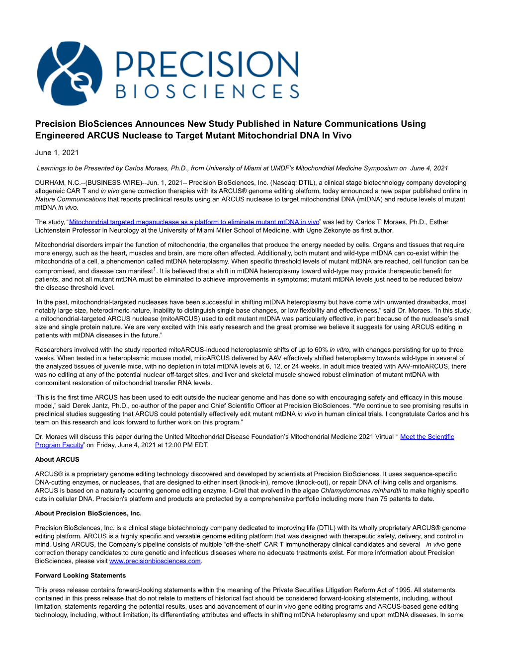 Precision Biosciences Announces New Study Published in Nature Communications Using Engineered ARCUS Nuclease to Target Mutant Mitochondrial DNA in Vivo