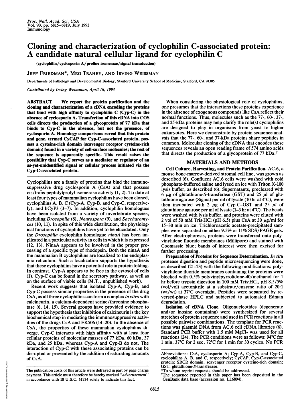 Cloning and Characterization of Cyclophilin C-Associated Protein