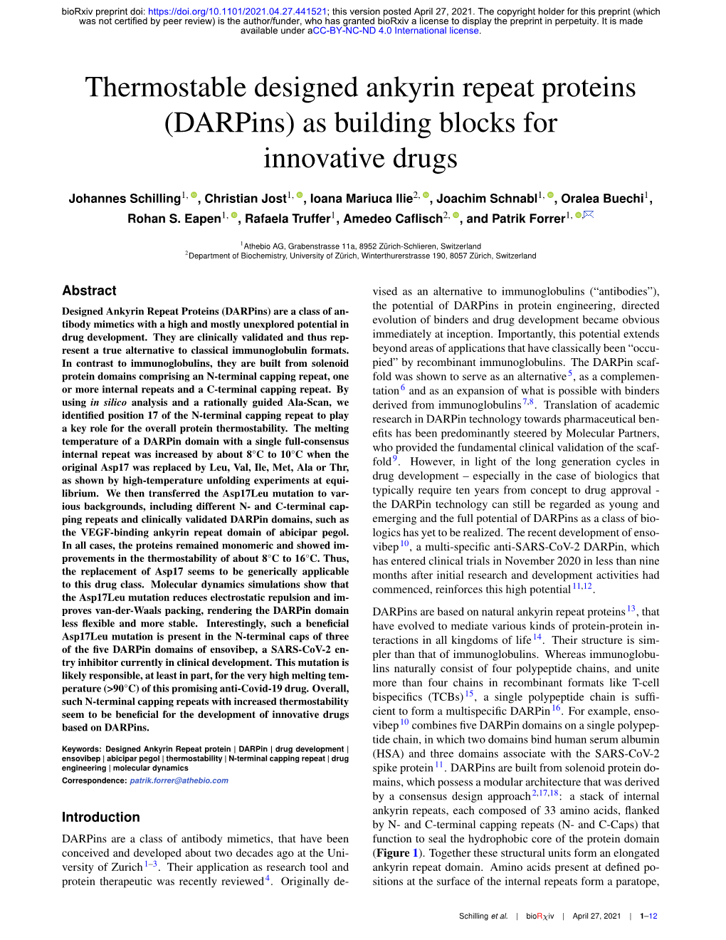 Thermostable Designed Ankyrin Repeat Proteins (Darpins) As Building Blocks for Innovative Drugs