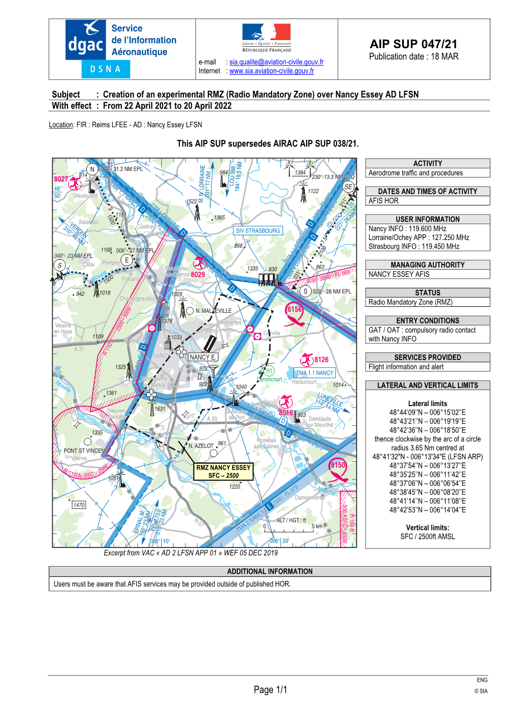 AIP SUP 047/21 Aéronautique Publication Date : 18 MAR E-Mail : Sia.Qualite@Aviation-Civile.Gouv.Fr Internet