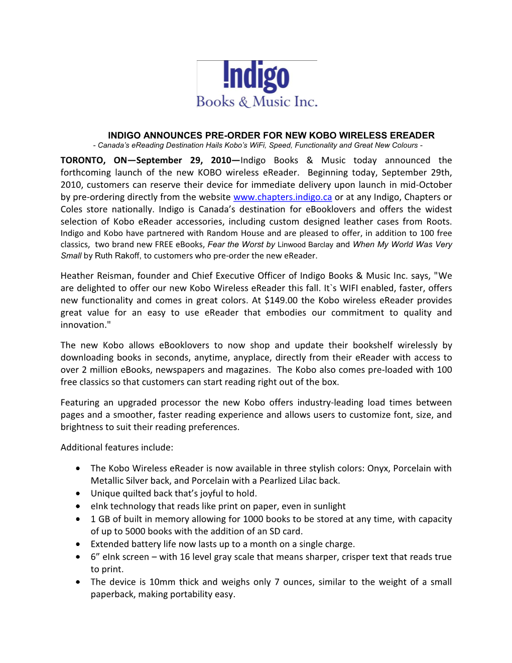 Indigo Announces Pre-Order for New Kobo Wireless Ereader