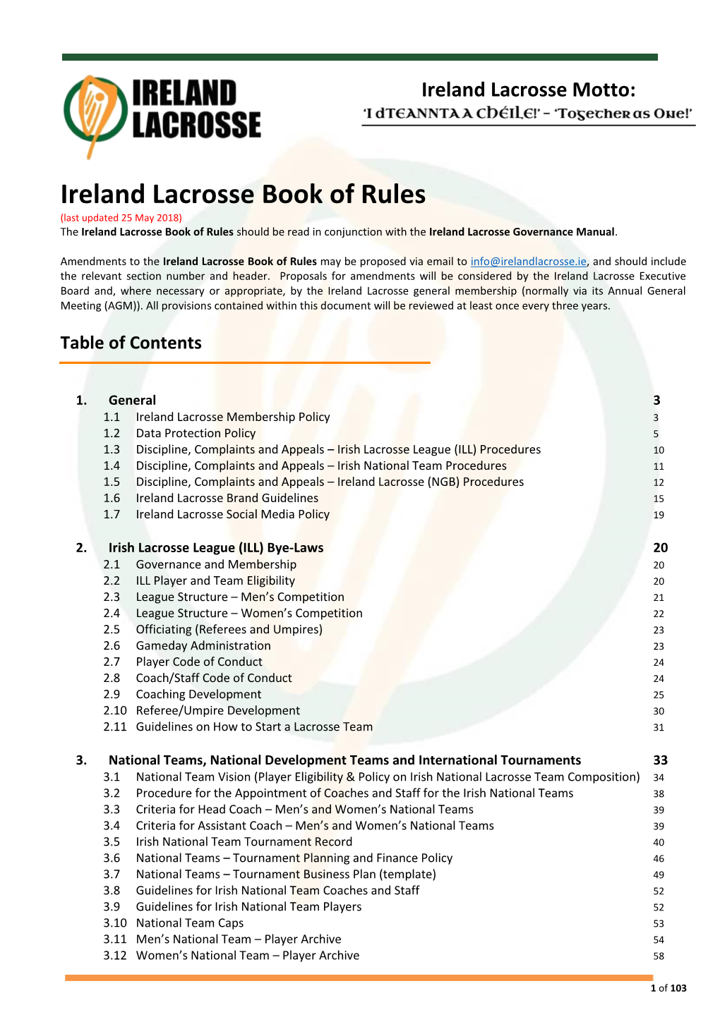 Ireland Lacrosse Book of Rules (Last Updated 25 May 2018) the Ireland Lacrosse Book of Rules Should Be Read in Conjunction with the Ireland Lacrosse Governance Manual