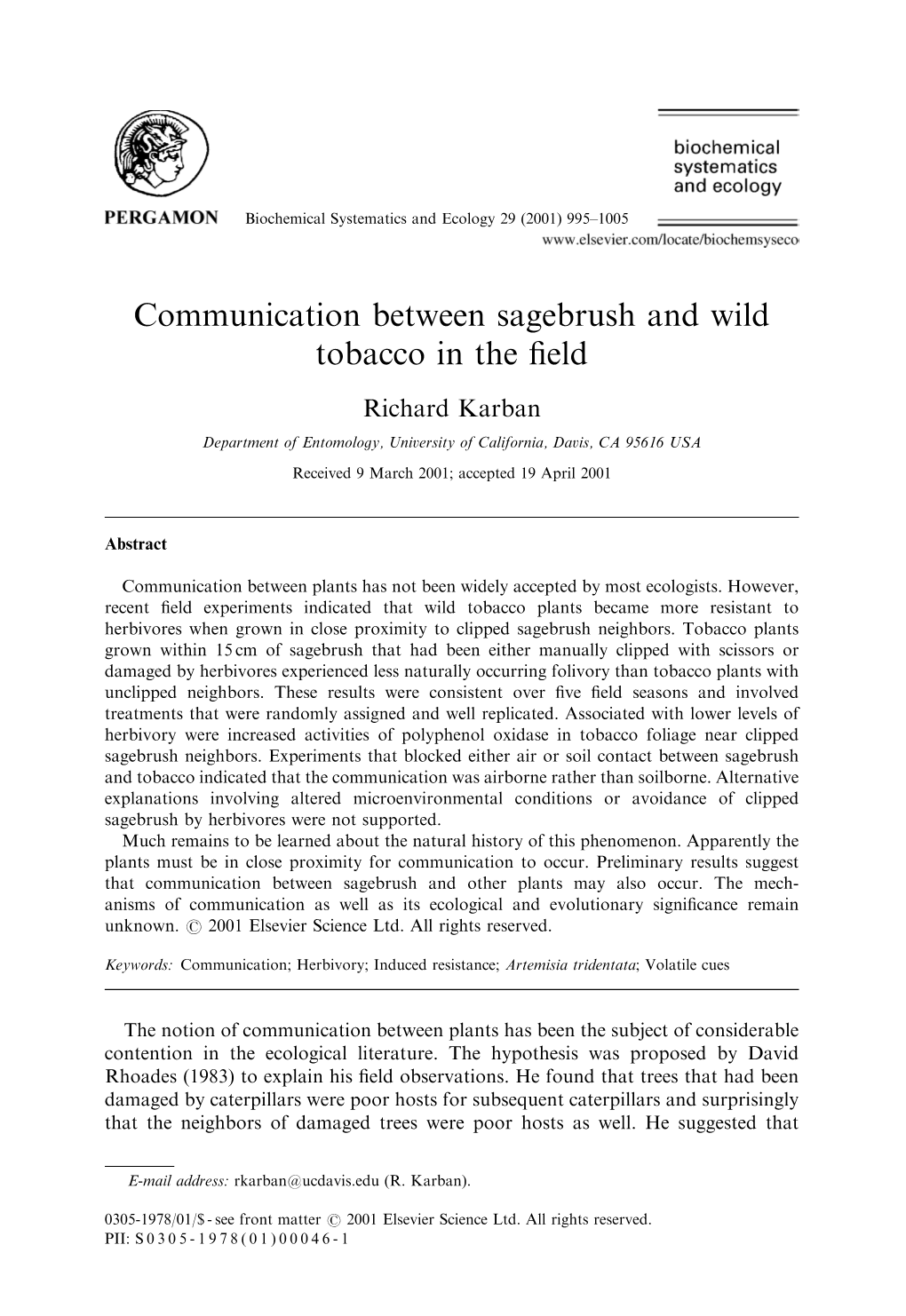 Communication Between Sagebrush and Wild Tobacco in the Field