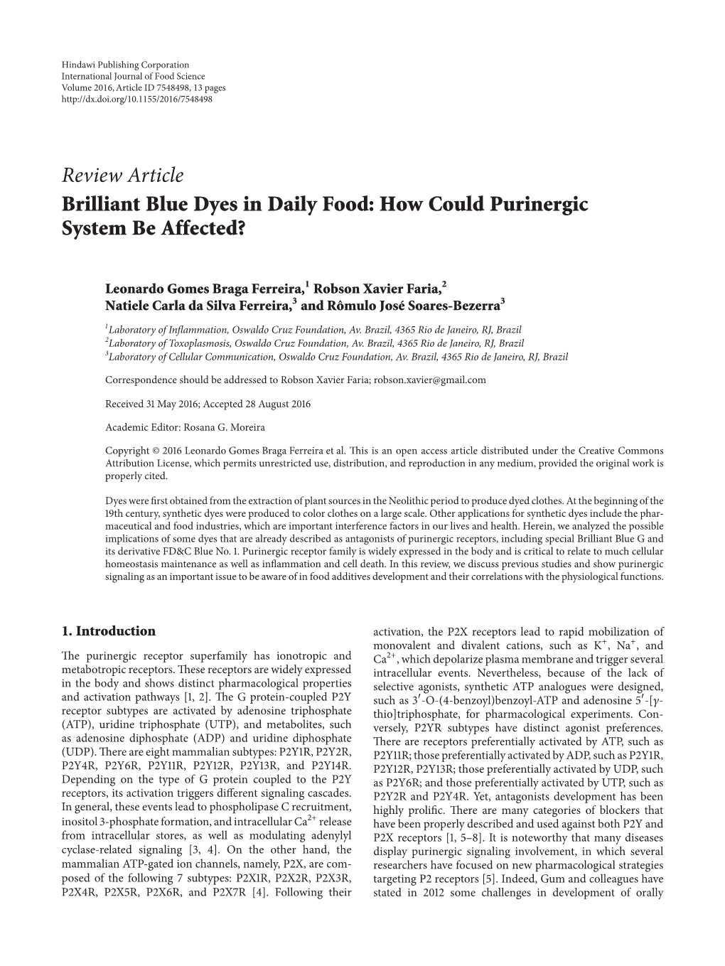 Brilliant Blue Dyes in Daily Food: How Could Purinergic System Be Affected?