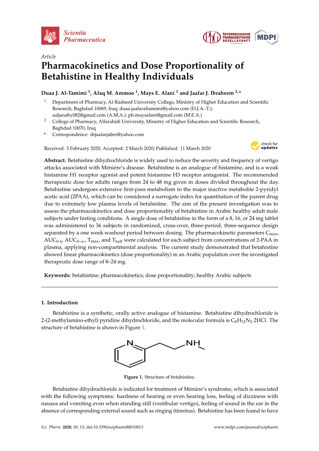 Pharmacokinetics and Dose Proportionality of Betahistine In