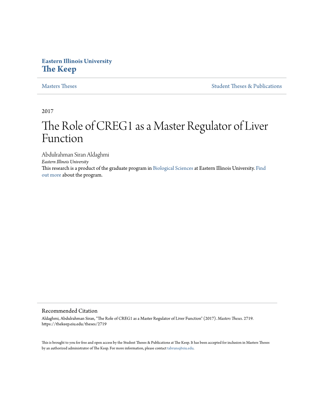 The Role of CREG1 As a Master Regulator of Liver Function