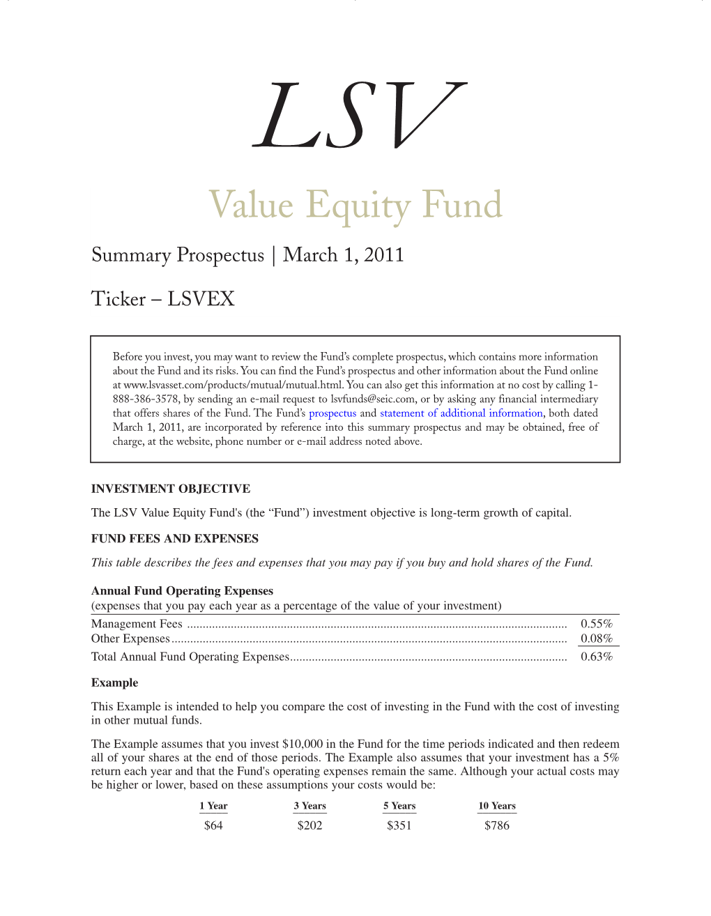 Value Equity Fund Summary Prospectus | March 1, 2011