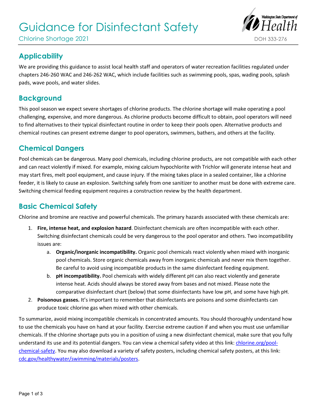 Guidance for Disinfectant Safety Chlorine Shortage 2021 DOH 333-276