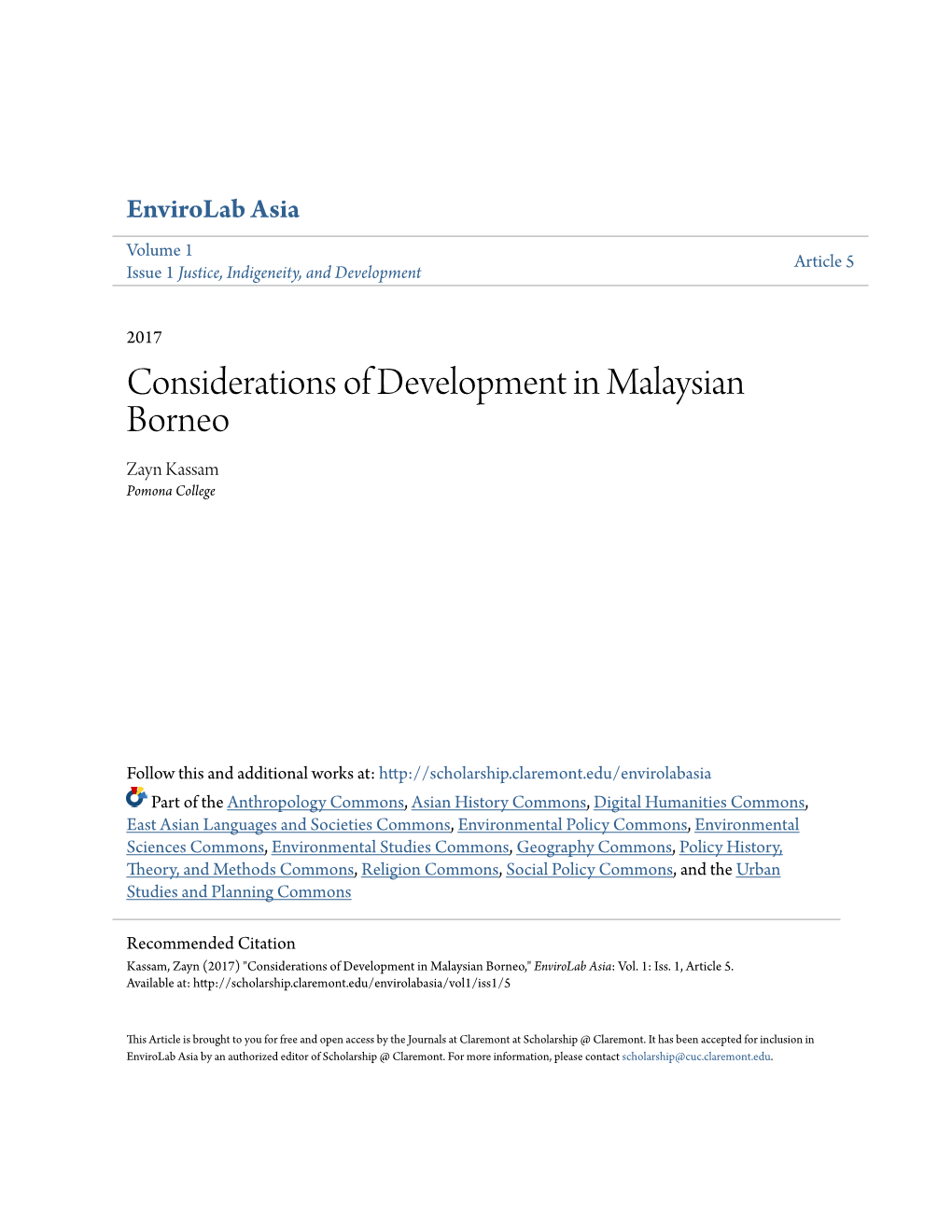 Considerations of Development in Malaysian Borneo Zayn Kassam Pomona College