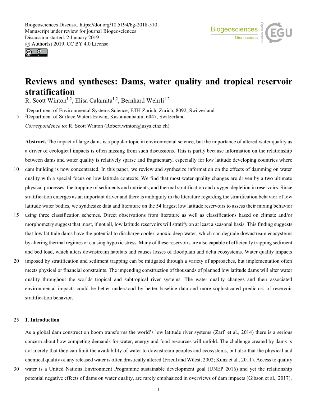 Dams, Water Quality and Tropical Reservoir Stratification R