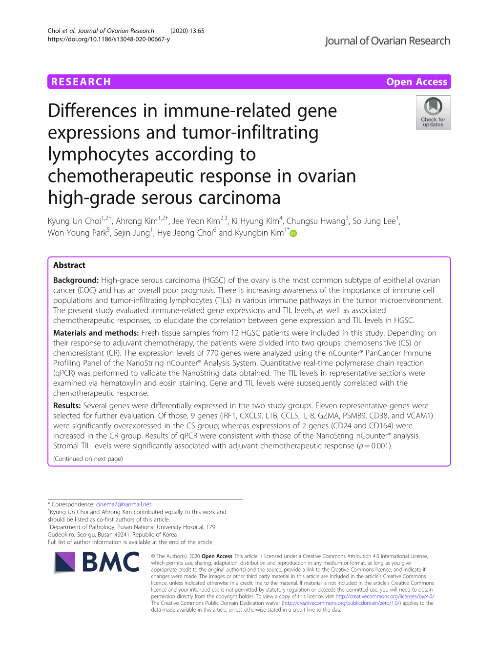 Differences in Immune-Related Gene Expressions and Tumor-Infiltrating Lymphocytes According to Chemotherapeutic Response in Ovar