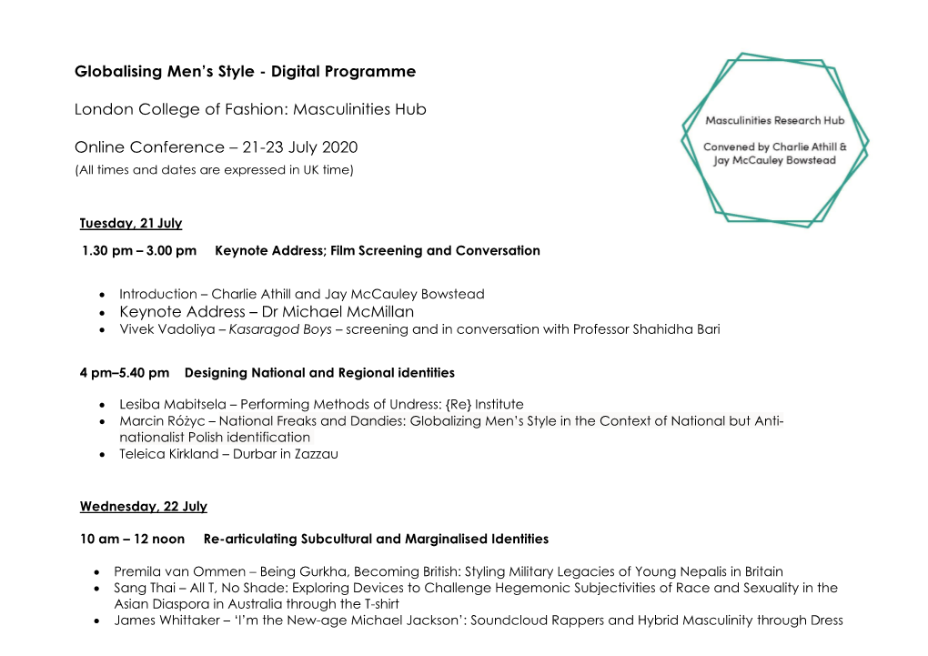 Digital Programme London College of Fashion: Masculinities Hub Online