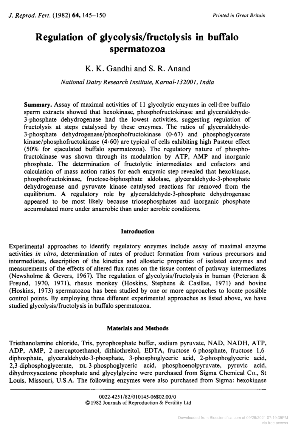 Regulation of Glycolysis/Fructolysis in Buffalo Spermatozoa