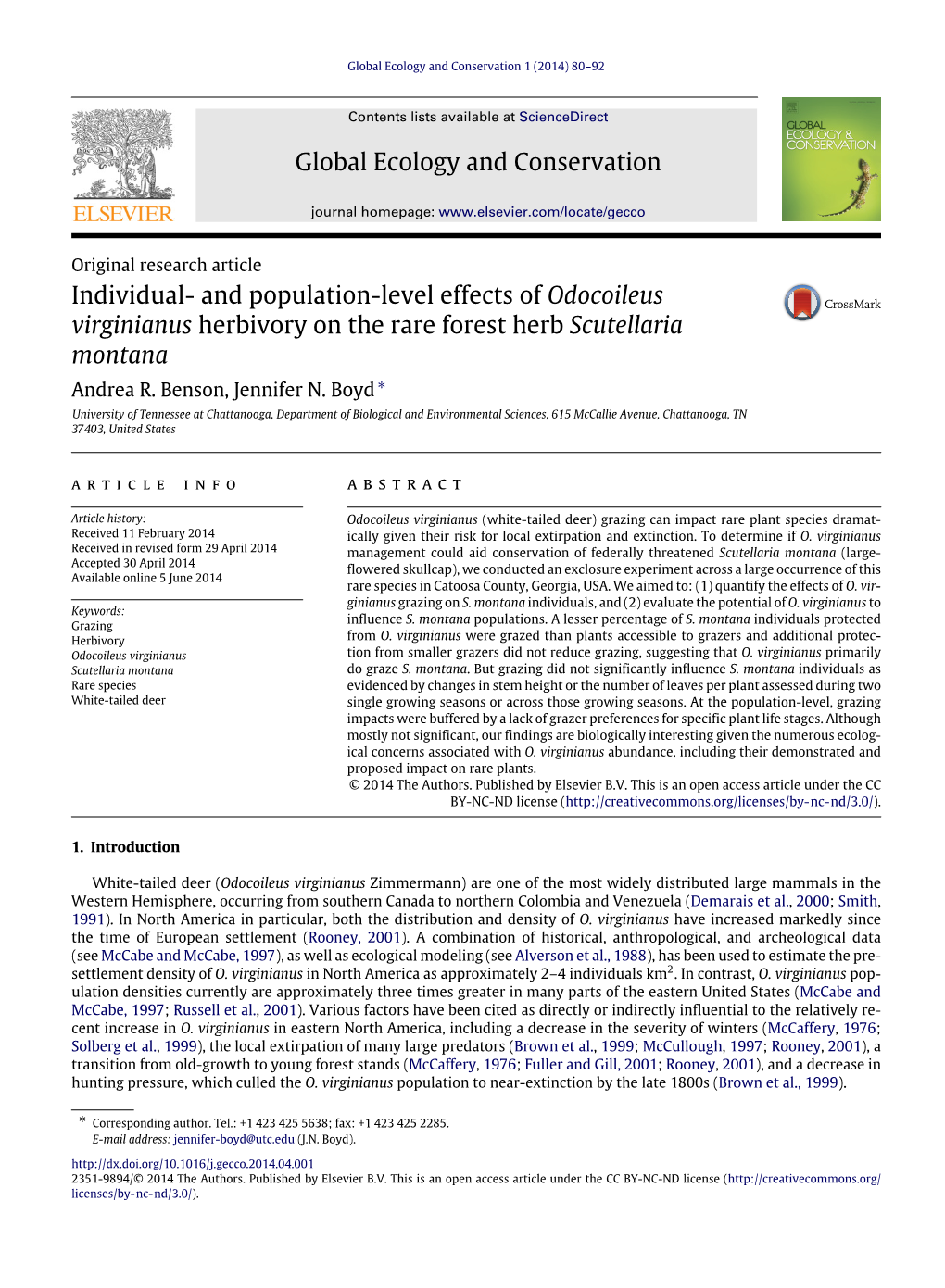 And Population-Level Effects of Odocoileus Virginianus Herbivory on the Rare Forest Herb Scutellaria Montana Andrea R