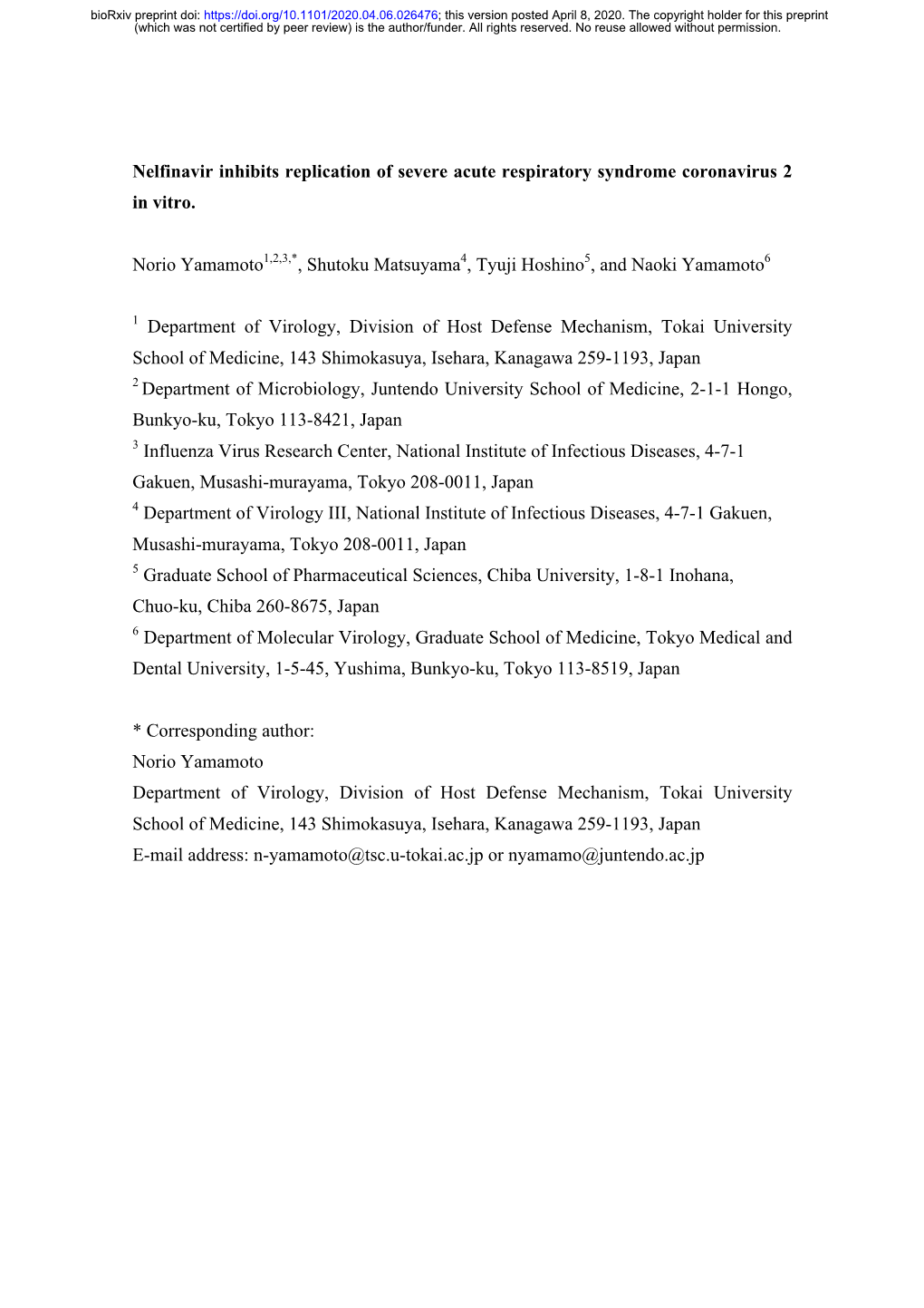 Nelfinavir Inhibits Replication of Severe Acute Respiratory Syndrome Coronavirus 2 in Vitro