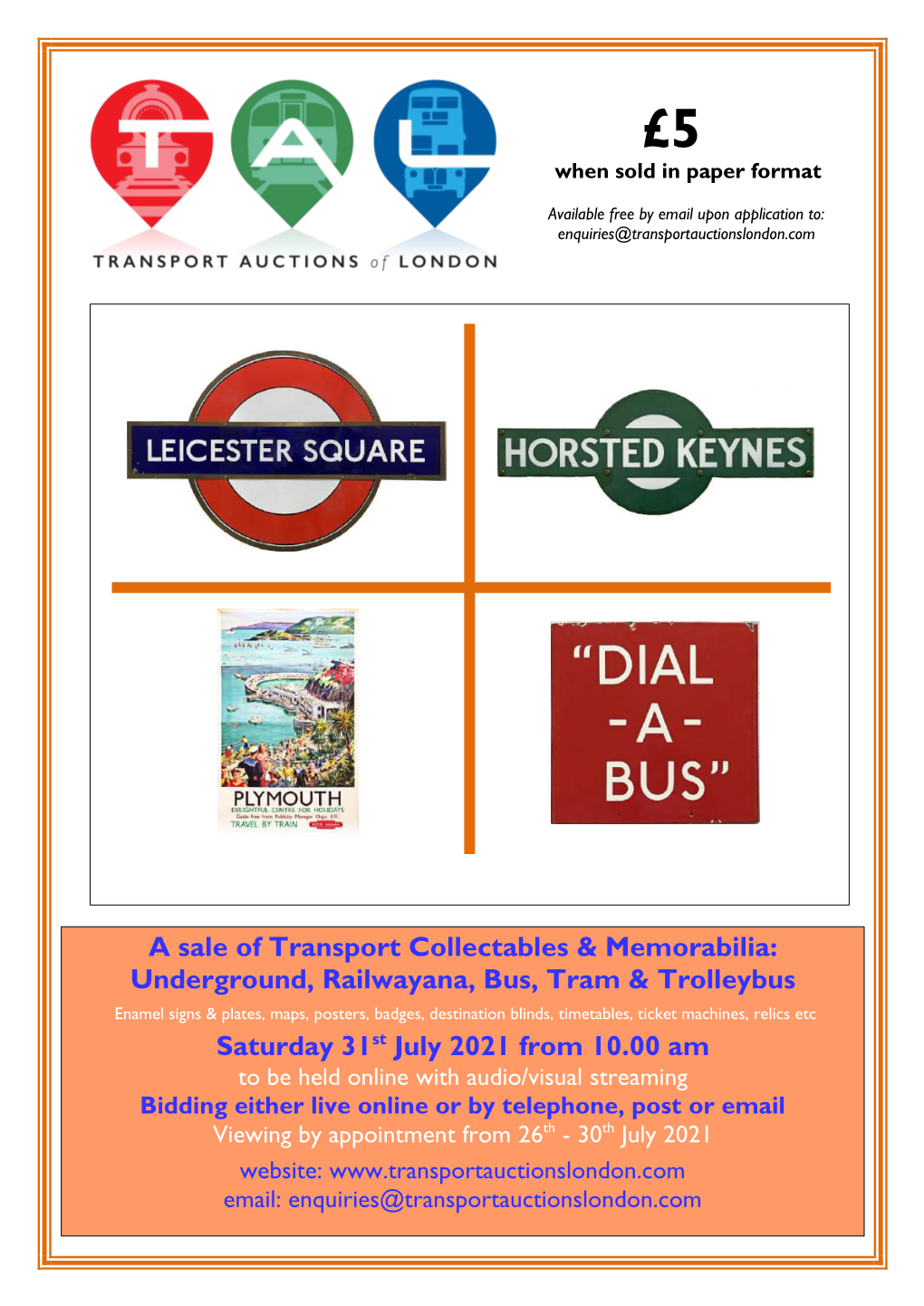 A Sale of Transport Collectables & Memorabilia: Underground, Railwayana, Bus, Tram & Trolleybus Saturday 31St July 2021