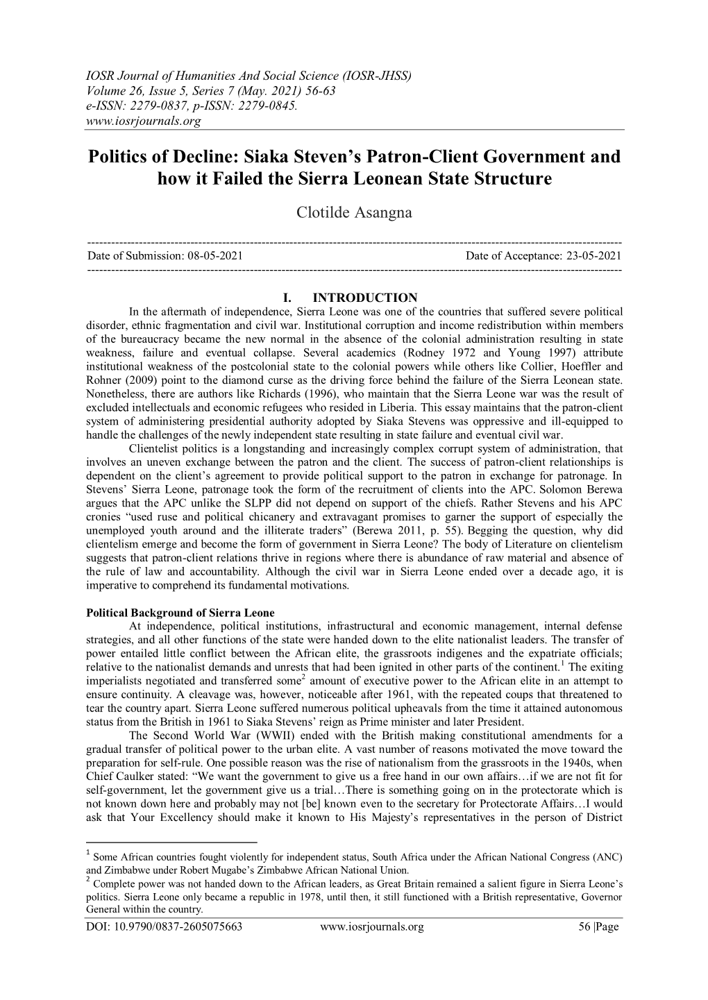 Politics of Decline: Siaka Steven's Patron-Client Government and How It Failed the Sierra Leonean State Structure