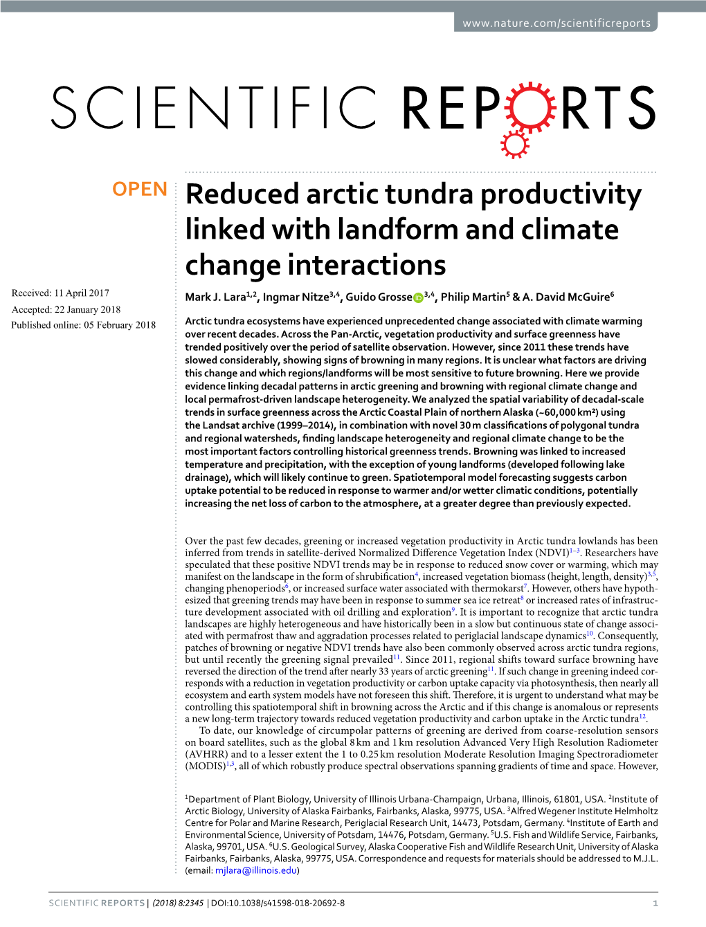 Reduced Arctic Tundra Productivity Linked with Landform and Climate Change Interactions Received: 11 April 2017 Mark J