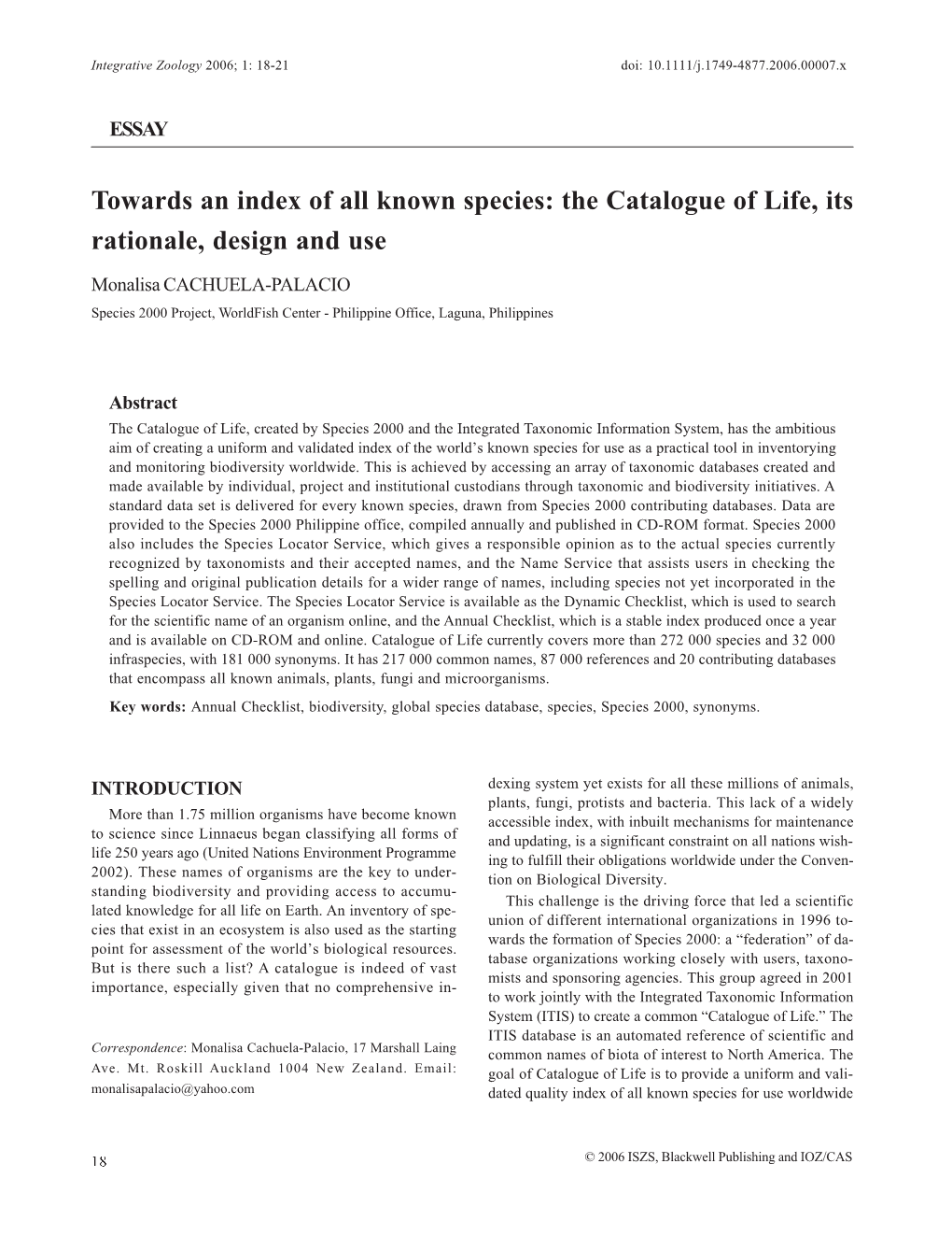 Towards an Index of All Known Species: the Catalogue of Life, Its Rationale, Design and Use