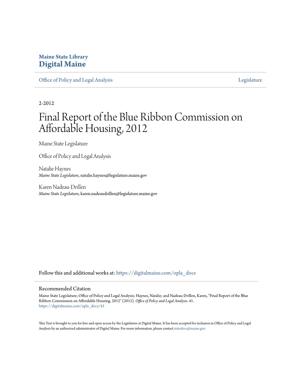 Final Report of the Blue Ribbon Commission on Affordable Housing, 2012 Maine State Legislature