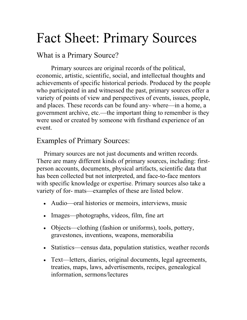 Fact Sheet: Primary Sources