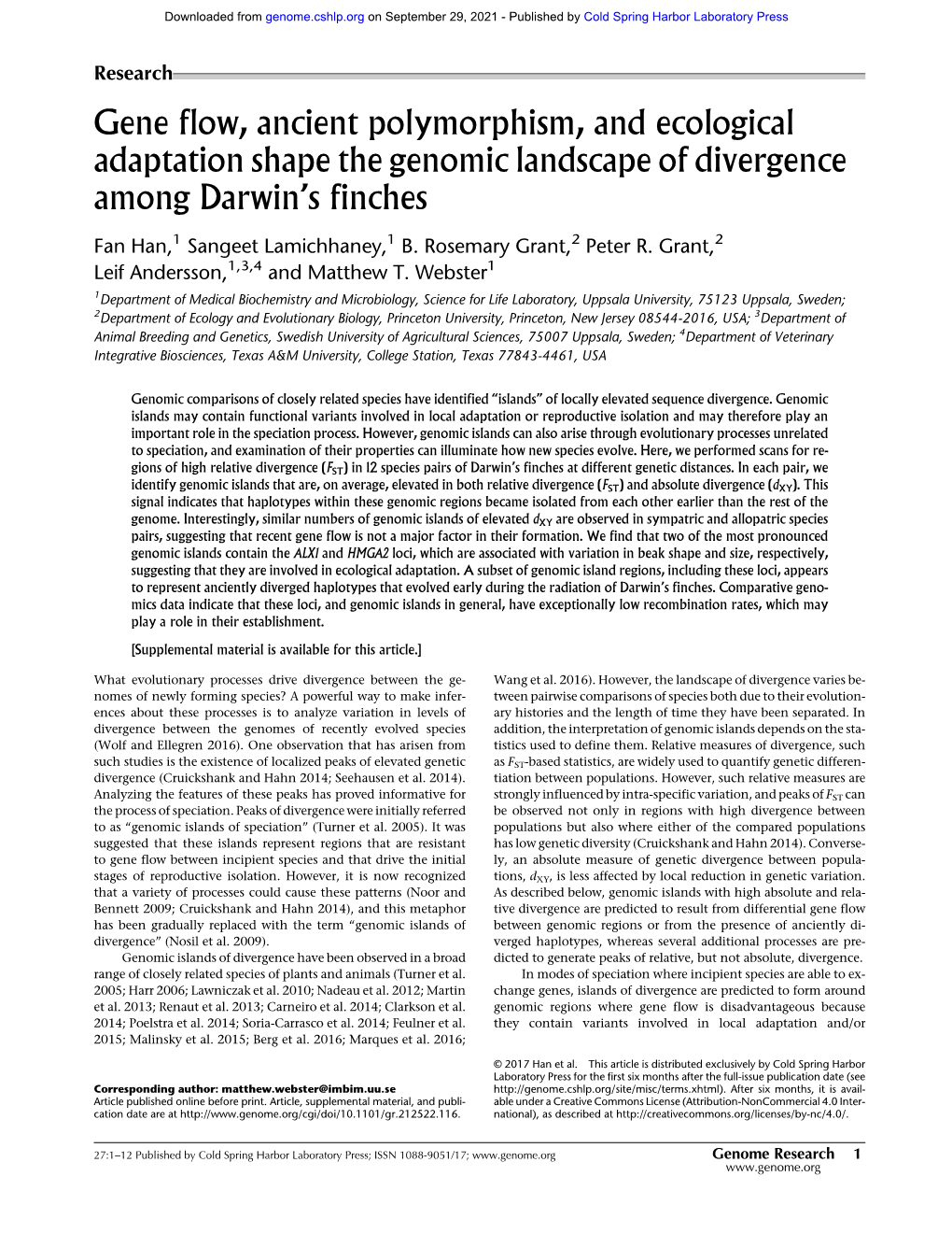 Gene Flow, Ancient Polymorphism, and Ecological Adaptation Shape the Genomic Landscape of Divergence Among Darwin's Finches