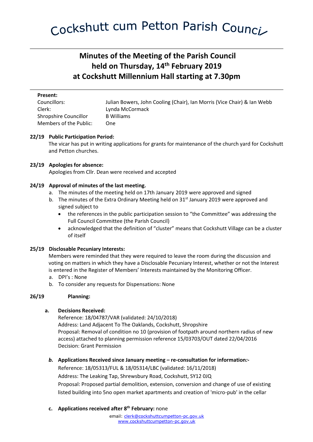 Minutes of the Meeting of the Parish Council Held on Thursday, 14Th February 2019 at Cockshutt Millennium Hall Starting at 7.30Pm