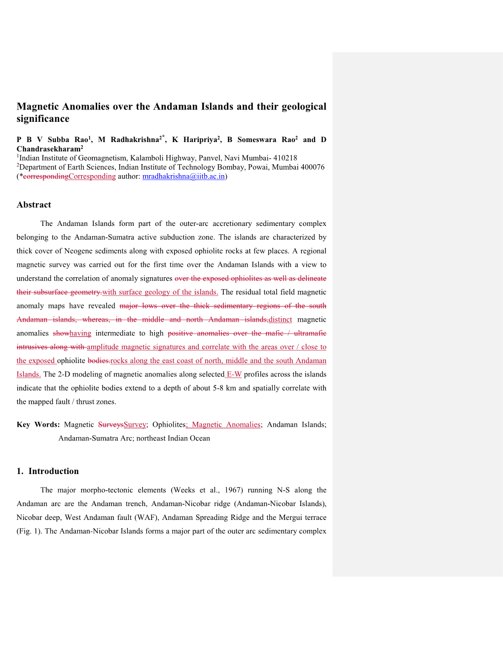 Magnetic Anomalies Over the Andaman Islands and Their Geological Significance