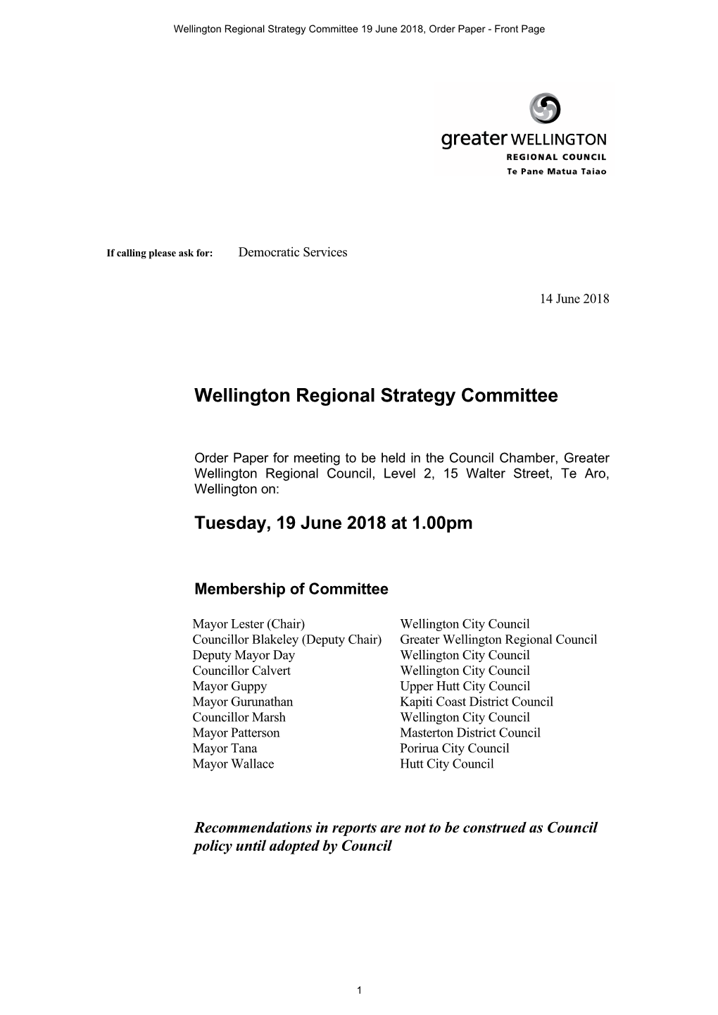 Wellington Regional Strategy Committee 19 June 2018, Order Paper - Front Page