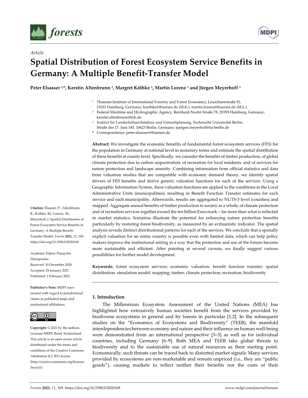 Spatial Distribution of Forest Ecosystem Service Benefits in Germany: a Multiple Benefit‐Transfer Model