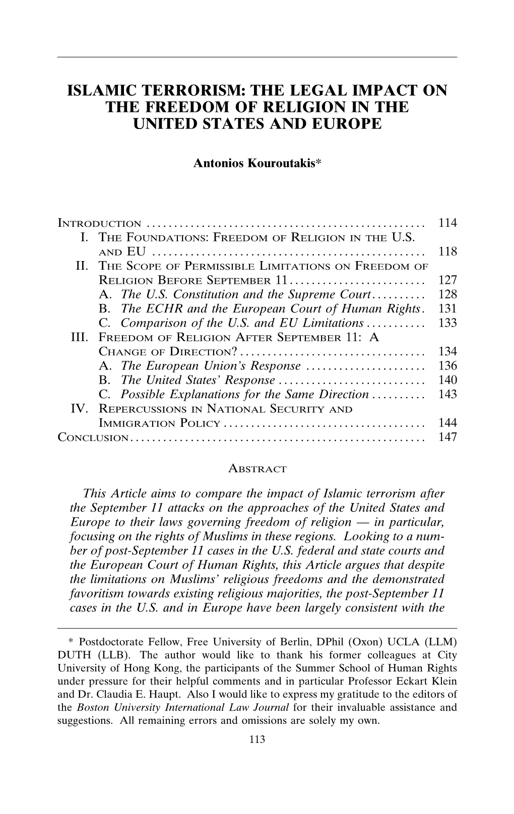 Islamic Terrorism: the Legal Impact on the Freedom of Religion in the United States and Europe
