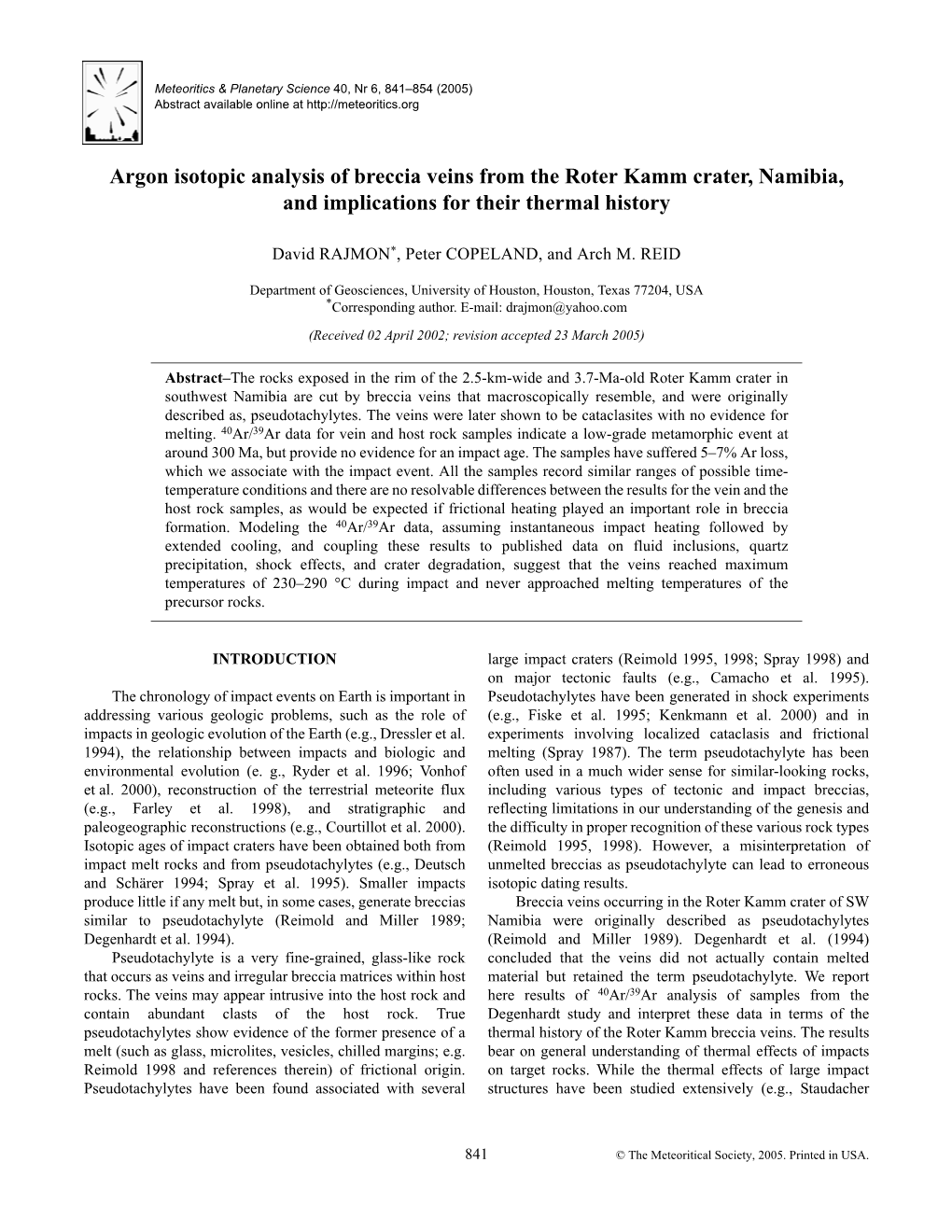 Argon Isotopic Analysis of Breccia Veins from the Roter Kamm Crater, Namibia, and Implications for Their Thermal History