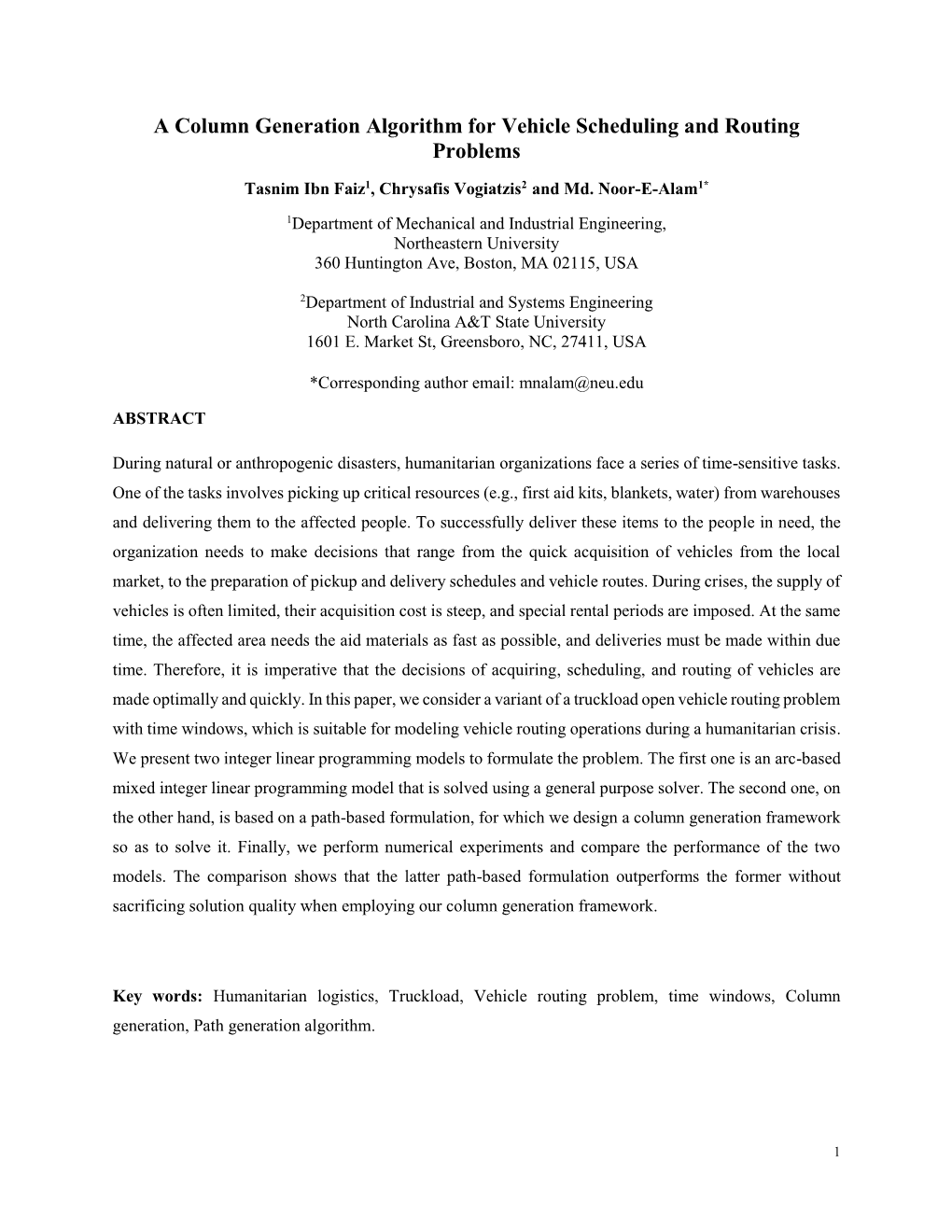 A Column Generation Algorithm for Vehicle Scheduling and Routing Problems