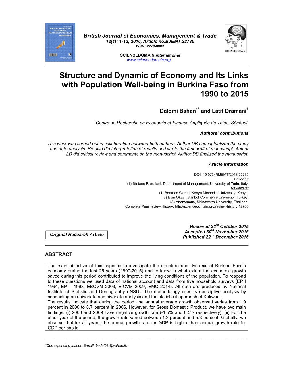 Structure and Dynamic of Economy and Its Links with Population Well-Being in Burkina Faso from 1990 to 2015