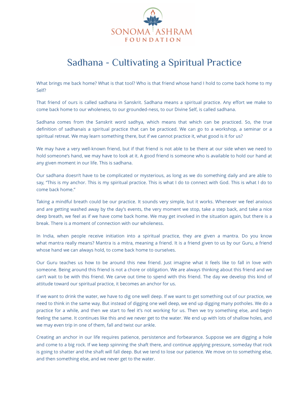 Sadhana – Cultivating a Spiritual Practice 2019