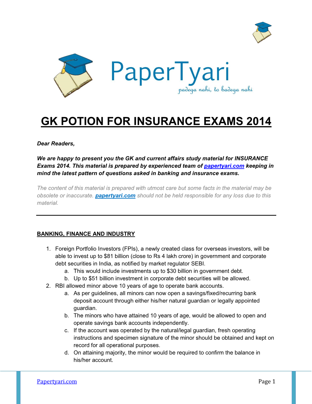 Gk Potion for Insurance Exams 2014