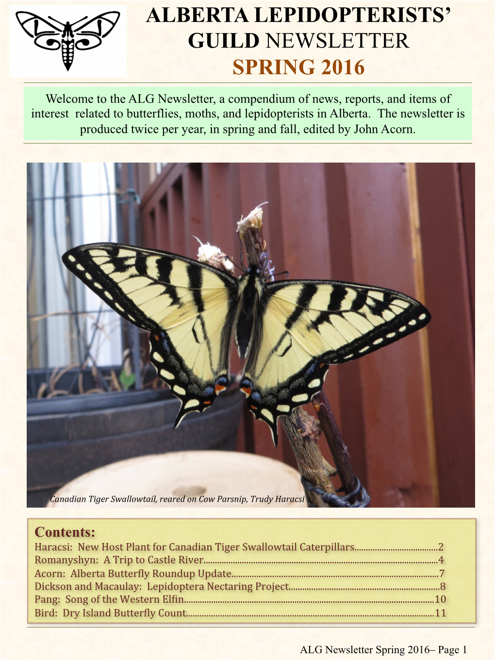 Alberta Lepidopterists' Guild Newsletter Spring 2016