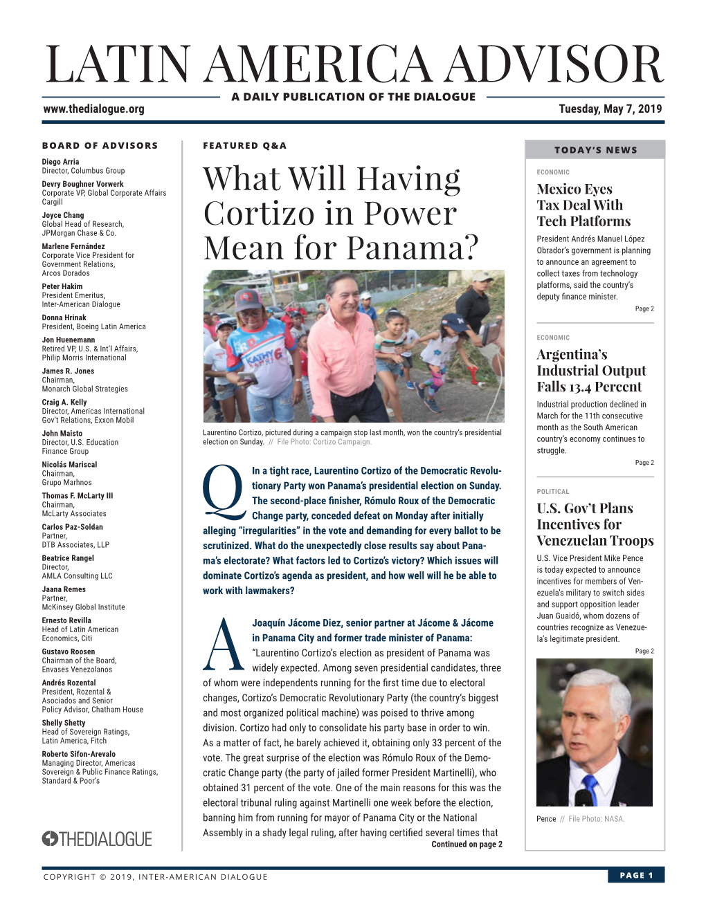 LATIN AMERICA ADVISOR a DAILY PUBLICATION of the DIALOGUE Tuesday, May 7, 2019