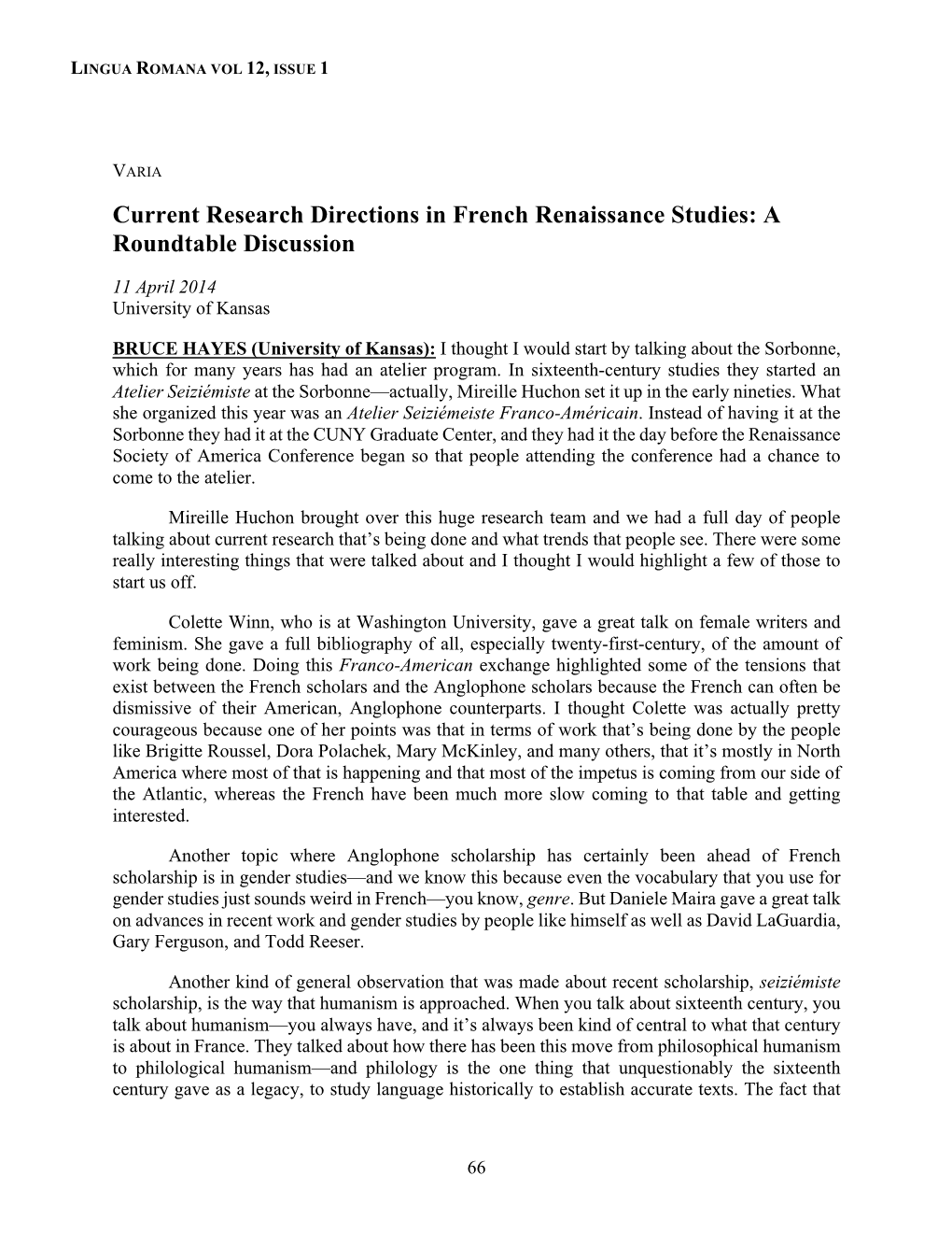 Current Research Directions in French Renaissance Studies: a Roundtable Discussion