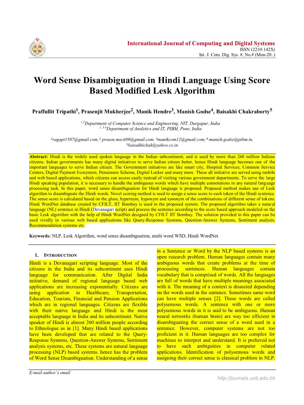 Word Sense Disambiguation in Hindi Language Using Score Based Modified Lesk Algorithm