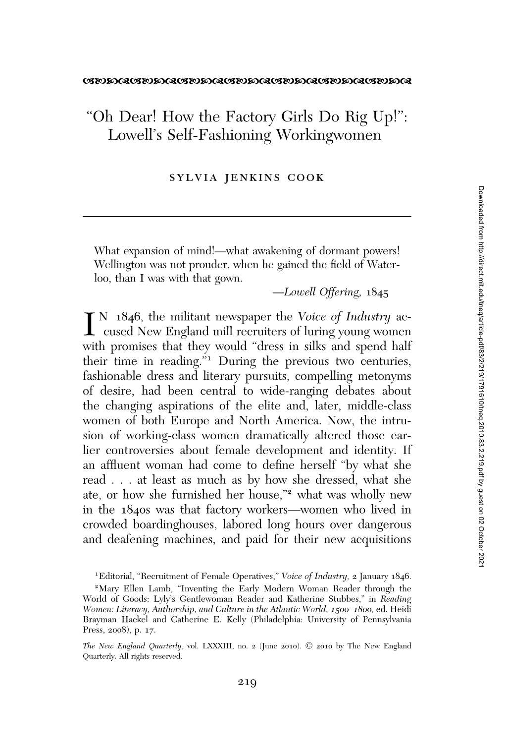 “Oh Dear! How the Factory Girls Do Rig Up!”: Lowell's Self-Fashioning