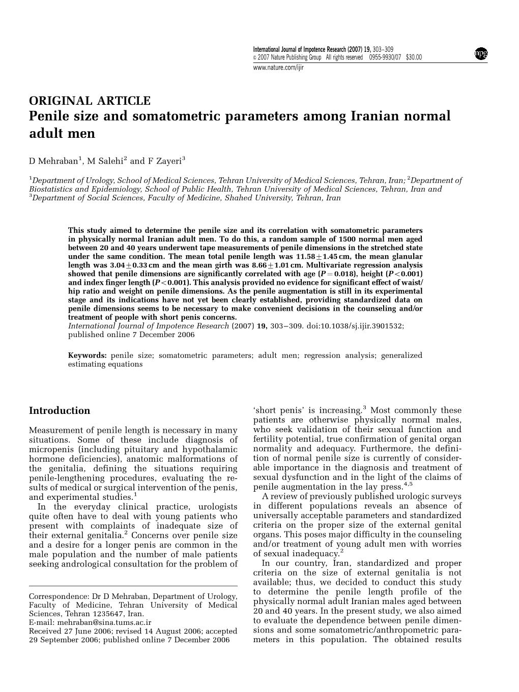 Penile Size and Somatometric Parameters Among Iranian Normal Adult Men