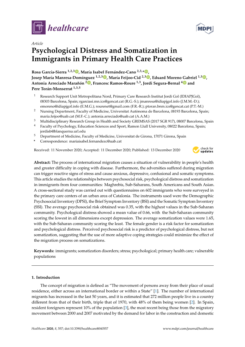 Psychological Distress and Somatization in Immigrants in Primary Health Care Practices